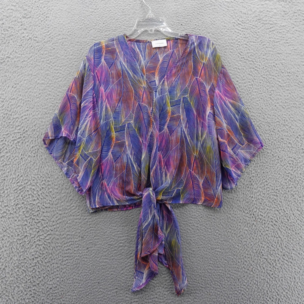 Adrienne Multicolor Leaf Print Tie Front Kimono Top Size M Sheer Boho Women